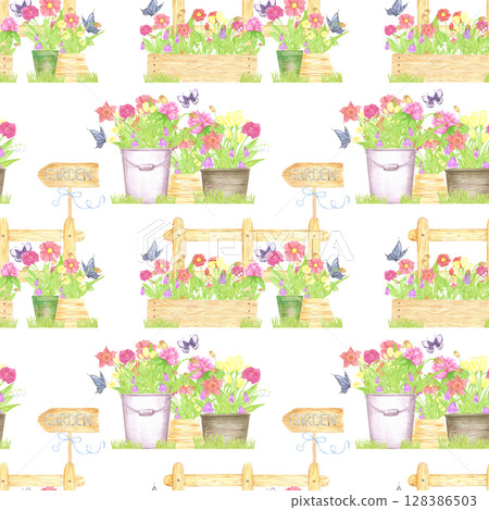 Hand drawn watercolor flowers in pots and boxes with a fence. Palisade composition seamless pattern isolated on white background. Can be used for textile, fabric, scrapbook and other printed products. 128386503