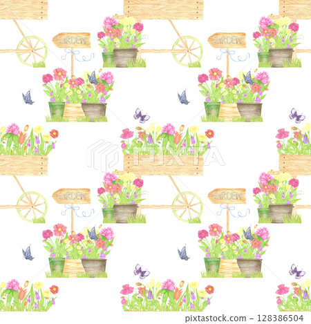 Hand drawn watercolor flowers in pots boxes and a cart. Palisade composition seamless pattern isolated on white background. Can be used for textile, fabric, scrapbook and other printed products. Hand drawn watercolor flowers in pots boxes and a cart. Palisade composition seamless pattern isolated on white background. Can be used for textile, fabric, scrapbook and other printed products. 128386504
