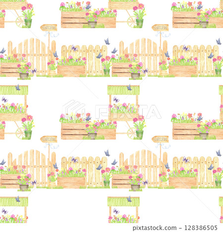 Hand drawn watercolor garden. Palisade composition seamless pattern isolated on white background. Can be used for textile, fabric, scrapbook and other printed products. Hand drawn watercolor garden. Palisade composition seamless pattern isolated on white background. Can be used for textile, fabric, scrapbook and other printed products. 128386505