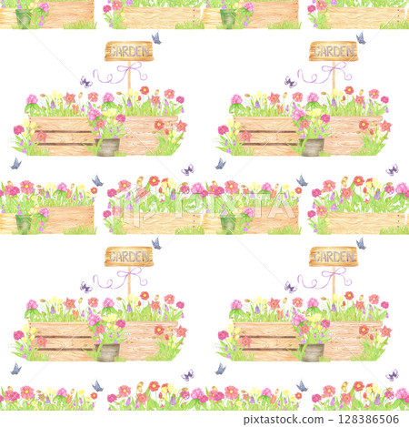 Hand drawn watercolor garden. Palisade composition seamless pattern isolated on white background. Can be used for textile, fabric, scrapbook and other printed products. Hand drawn watercolor garden. Palisade composition seamless pattern isolated on white background. Can be used for textile, fabric, scrapbook and other printed products. 128386506
