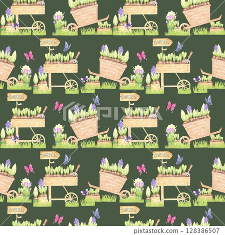 Hand drawn watercolor spring flowers in carts and boxes with butterflies seamless pattern isolated on dark green background. Can be used for textile, fabric, scrapbook and other printed products. Hand drawn watercolor spring flowers in carts and boxes with butterflies seamless pattern isolated on dark green background. Can be used for textile, fabric, scrapbook and other printed products. 128386507