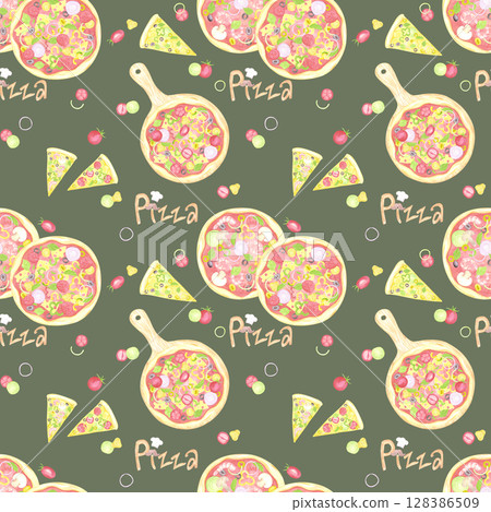 Hand drawn watercolor tomato pizza with vegetables and sign seamless pattern isolated on dark background. Can be used for textile, fabric, scrapbook and other printed products. Hand drawn watercolor tomato pizza with vegetables and sign seamless pattern isolated on dark background. Can be used for textile, fabric, scrapbook and other printed products. 128386509