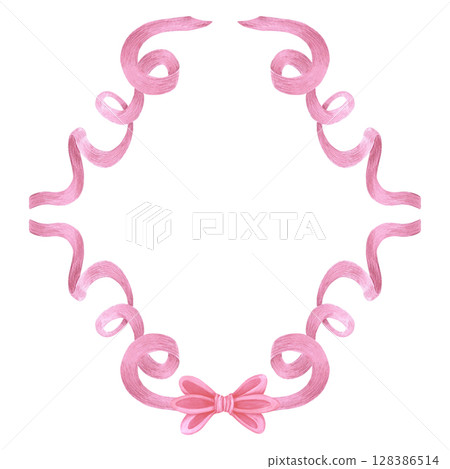 Pink ribbon bow frame border, hand drawn watercolor illustration isolated on white background. Horizontal template for greeting card or wedding invitation, postcards and other printed products. Pink ribbon bow frame border, hand drawn watercolor illustration isolated on white background. Horizontal template for greeting card or wedding invitation, postcards and other printed products. 128386514