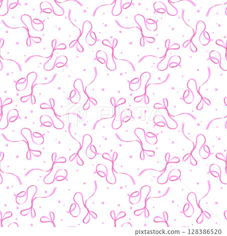 Hand drawn watercolor pink bow ribbon with confetti seamless pattern isolated on white background. Can be used for textile, fabric scrapbook and other printed products. Hand drawn watercolor pink bow ribbon with confetti seamless pattern isolated on white background. Can be used for textile, fabric scrapbook and other printed products. 128386520