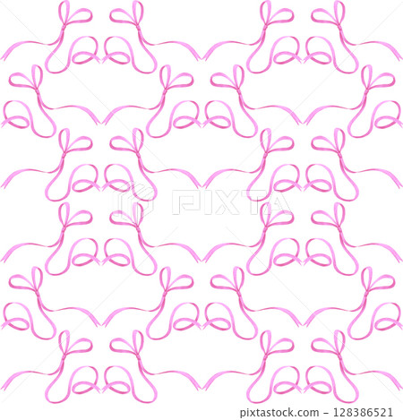Hand drawn watercolor pink bow ribbon seamless pattern isolated on white background. Can be used for textile, fabric scrapbook and other printed products. 128386521