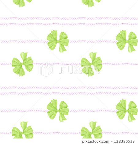 Hand drawn watercolor green ribbon bow with pearls lines seamless pattern isolated on white background. Can be used for textile, fabric scrapbook and other printed products. 128386532