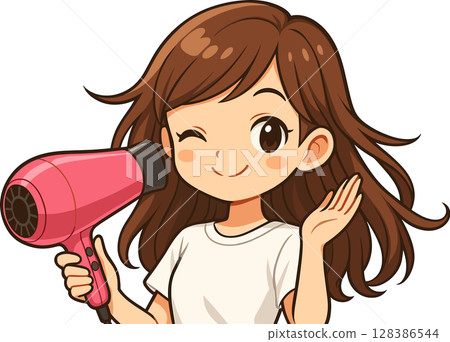 一個女人用吹風機吹乾她的頭髮的插圖 128386544