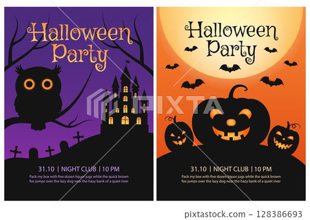 Set of Halloween party invitation templates. Vector illustration with ghost house, cemetery, owl, pumpkins, bats. 128386693