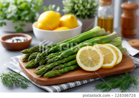 Fresh green asparagus and lemon slices resting on wooden cutting board 128386728