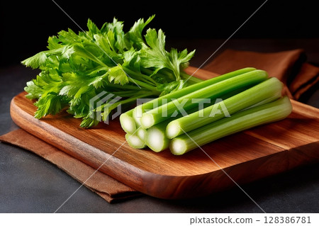 Fresh celery stalks and leaves resting on wooden cutting board 128386781