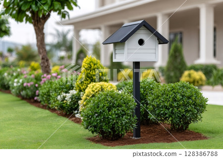 Small white birdhouse standing on a black pole in a beautiful garden 128386788