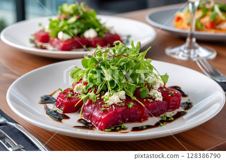 Gourmet Beet Salad with Fresh Arugula and Cheese 128386790