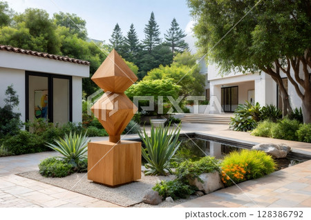 Double octahedron wooden sculpture standing in the Norton Simon Museum sculpture garden 128386792