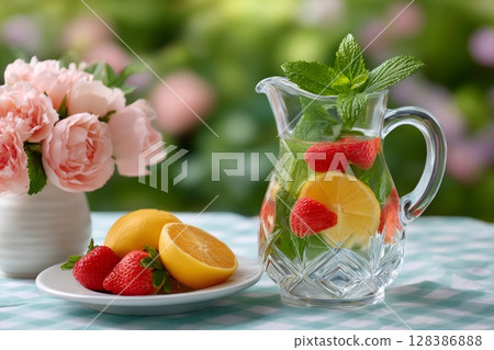 Refreshing summer drink with strawberries, lemon and mint in a beautiful glass pitcher 128386888