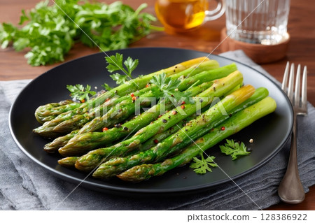 Grilled asparagus seasoned with salt and pepper lying on black plate 128386922