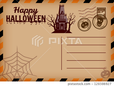 Happy Halloween holiday postal card vintage abandoned mansion Happy Halloween holiday postal card vintage abandoned mansion 128386927