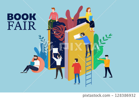Book Fair or Festival concept, small people reading open huge book Book Fair or Festival concept, small people reading open huge book 128386932