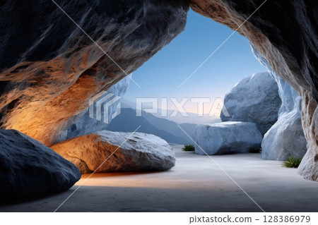 Warm light illuminating cave with big rocks at dawn 128386979