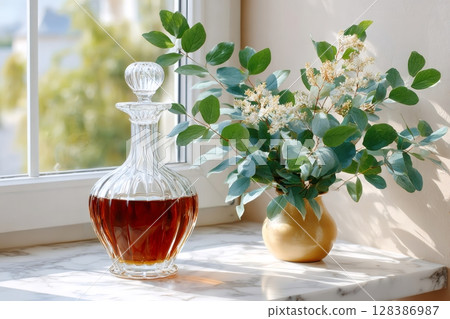 Crystal decanter with alcohol and vase with eucalyptus branches resting on marble windowsill 128386987