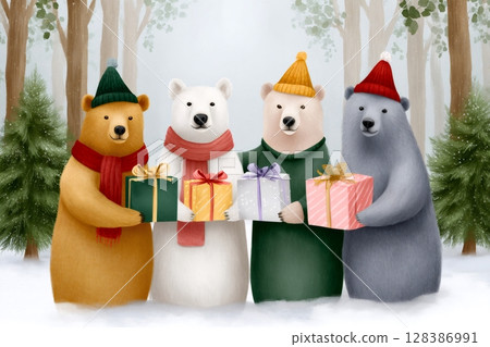Four bears exchanging gifts in a snowy forest during Christmas time 128386991