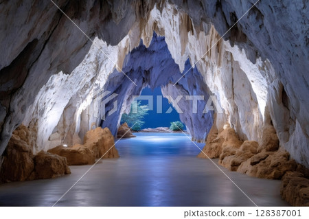 Stalactites hanging from ceiling of cave framing blue water and tree at night 128387001