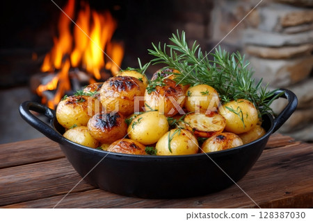 Young potatoes roasting in a pan with rosemary and dill by the fireplace 128387030