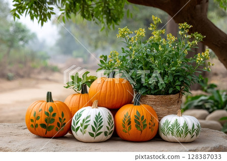 Pumpkins with fern leaf prints decorating a fall themed scene 128387033