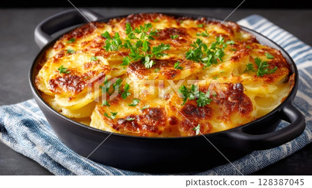Delicious potato gratin with melted cheese and parsley topping, resting on a kitchen towel 128387045