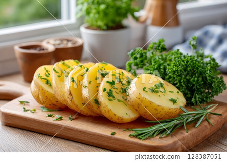 Sliced potatoes seasoned with herbs and spices on wooden cutting board 128387051