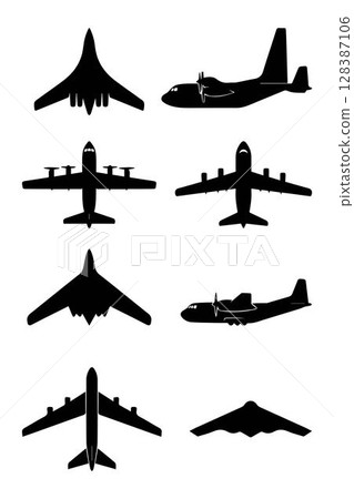 Silhouette set of different aircraft types. Aviation vector collection with plane icons. Includes military, cargo, commercial aircraft. For aviation themes. Aviation collection with plane icon. Vector 128387106