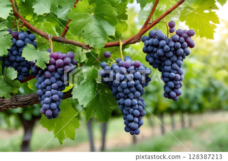 Ripe purple grapes hanging from vine in vineyard 128387213