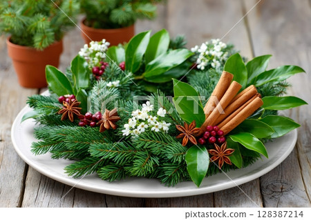 Festive Holiday Wreath with Natural Elements Displayed 128387214