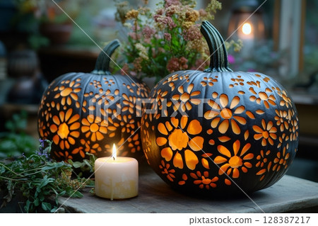Two carved pumpkins illuminating flower shapes and a candle are celebrating Halloween 128387217