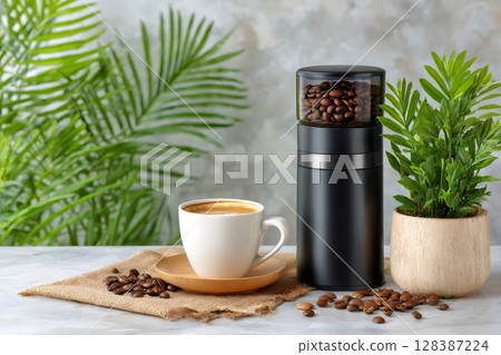 Coffee beans in modern grinder, cup of cappuccino and houseplant creating cozy atmosphere 128387224
