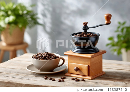 Coffee beans in cup and manual grinder standing on wooden table 128387240