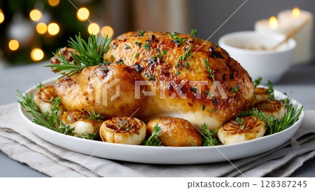 Christmas roast chicken seasoned with rosemary and thyme with roasted garlic and potatoes 128387245