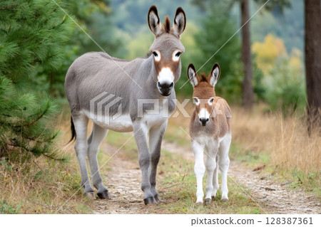 Donkey mother and her foal standing on a path in the forest 128387361