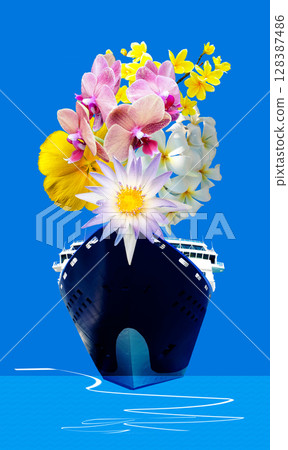 Abstract cruise ships or big liners in open water. Collage, art design about travel and vacations concept Abstract cruise ships or big liners in open water. Collage, art design about travel and vacations concept 128387486
