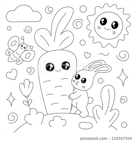 Cute and funny coloring page of a rabbit holding a big carrot 128387504