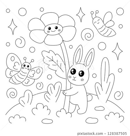Cute and funny coloring page of a rabbit holding a big flower Cute and funny coloring page of a rabbit holding a big flower 128387505