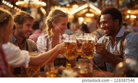 Happy friends wearing traditional clothes are toasting with large beer mugs at Oktoberfest in Munich, Germany 128387546