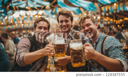 Cheerful friends in lederhosen and dirndl clinking beer steins during festive Oktoberfest celebration in Munich beer garden Cheerful friends in lederhosen and dirndl clinking beer steins during festive Oktoberfest celebration in Munich beer garden 128387555