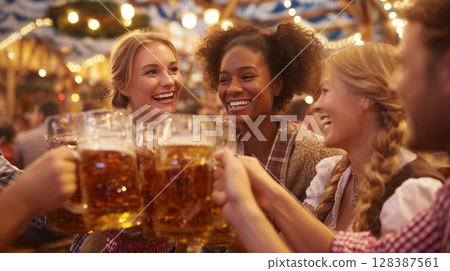 Happy friends wearing traditional clothes are toasting with large beer mugs at Oktoberfest, laughing and enjoying the festive atmosphere Happy friends wearing traditional clothes are toasting with large beer mugs at Oktoberfest, laughing and enjoying the festive atmosphere 128387561
