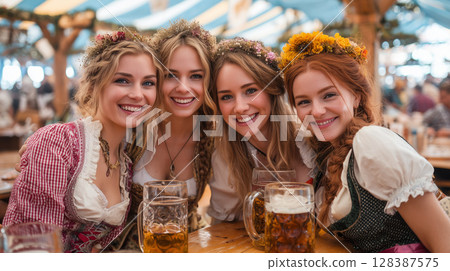 Female friends wearing traditional Bavarian dirndl and flower crowns sharing beer mugs during Munich's famous Oktoberfest celebration 128387575