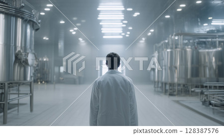 Food industry operator in a lab coat walking through a sterile factory plant, ensuring hygiene and safety in food production processes 128387576