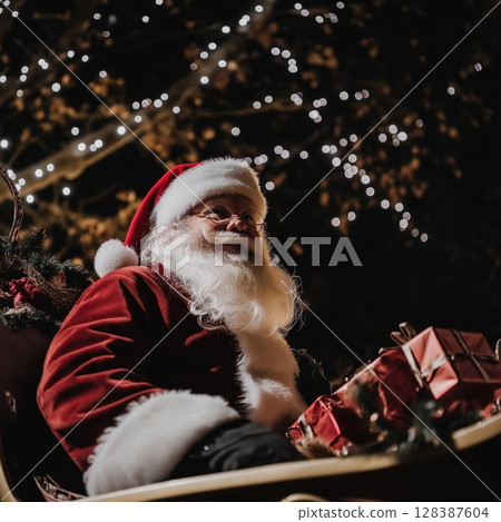 Santa Claus sitting in his sleigh carrying Christmas gifts under fairy lights 128387604