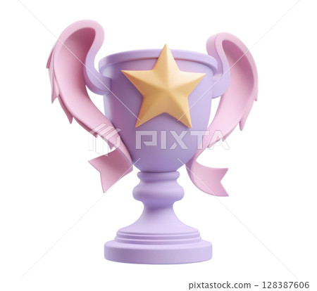 Purple trophy with pink ribbons and golden star celebrating victory 128387606