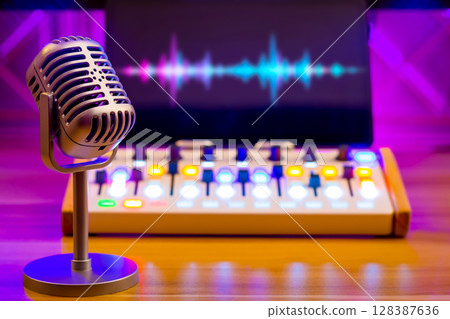 microphone on audio mixer and monitor showing waveform background 128387636