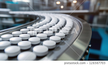 white pills aligned on conveyor belt in pharmaceutical factory 128387703