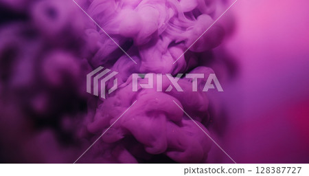 Cloud blend. Ink fluid. Defocused blue pink purple color fume wave swirling texture spreading on abstract creative vivid lilac neon background. 128387727